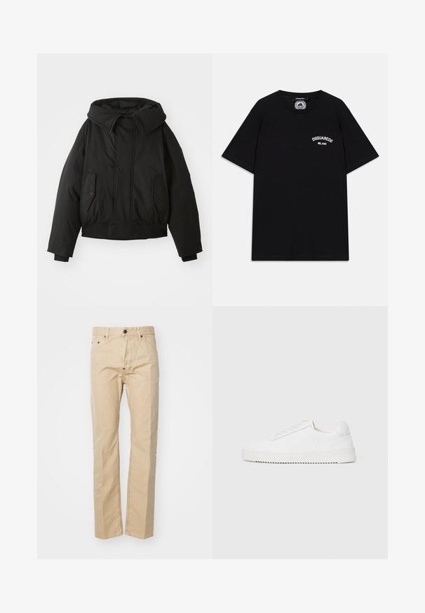 Črna podložena jakna z visokim ovratnikom, zadrgo, dvema stranskima žepoma, elastičnimi manšeti in skrajšanim robom. Gladka, mat tekstura.; Črna bombažna majica s kratkimi rokavi, s belim logotipom "DSQUARED2 MILANO" na prsih. Oblika s krožnim ovratnikom, gladka tekstura.; Bež spodnje hlače iz bombaža z ravnimi nogavicami, ki imajo gumbasto zapiranje, zanke za pas in sprednje žepke. Gladka tekstura, minimalno šivanje.; Bela teniska z gladkim usnjenim zgornjim delom, okroglim nosom, vezalkami, teksturiranimi stranskimi poudarki in debelim gumijastim podplatom. Minimalističen dizajn.