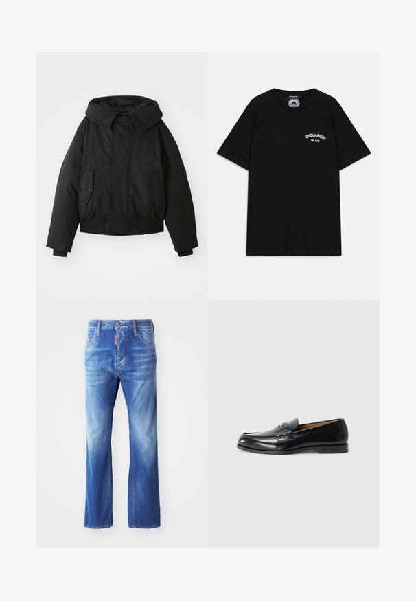 Svart vadderad jacka med hög krage, dragkedjeöppning, dubbla sidfickor, elastiska ärmslut och en kortad nederkant. Slät, matt textur.; Svart bomull T-shirt med korta ärmar, med vit "DSQUARED2 MILANO" logotyp på bröstet. Crew neck design, mjuk textur.; Ljusblå denimjeans med avslappnad passform, med en blekt tvätt, raka ben, fem fickor och en röd etikett vid midjan.; Svarta läderloafers med en slät yta, rund tå, dekorativ sömnad och en liten metalldetalj framtill.