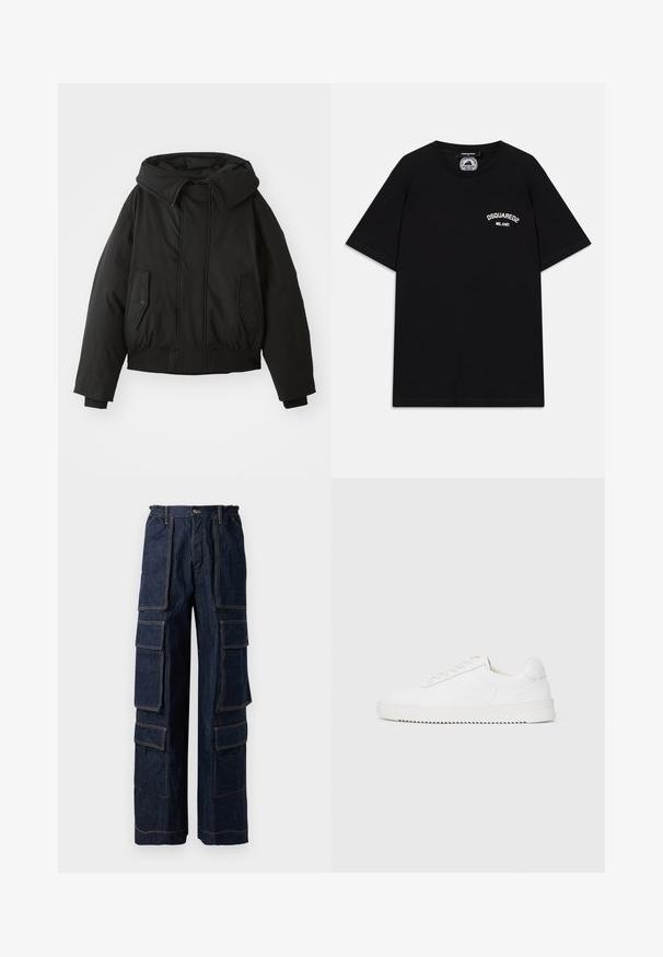 Sort polstret jakke med høj krave, lynlåslukning, dobbelte sidelommer, elastiske manchetter og en cropped afslutning. Glat, mat tekstur.; Sort bomulds T-shirt med korte ærmer, der har en hvid "DSQUARED2 MILANO" logo på brystet. Crew neck-design, glat tekstur.; Mørkeblå denim cargo-bukser med flere store lommer, elastisk talje og kontrasterende orange syninger. Bred ben-design for en afslappet pasform.; Hvid sneaker med en glat læderoverdel, rund tå, snørebånd, teksturerede sideaccenter og en tyk gummisål. Minimalistisk design.