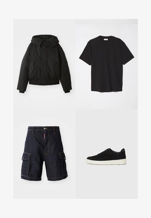 Mustaa toppatakki korkealla kauluksella, vetoketjukiinnitys, kaksinkertaiset sivutaskut, joustavat hihansuut ja lyhennetty helma. Sujuva, matteinen pinta.; Mustat puuvillapaitat, joissa on pyöreä kaula-aukko, lyhyet hihat ja rento malli. Yksinkertainen muotoilu, sileä pinta ilman näkyviä kuvioita tai logoja.; Tummansinisiä farkkutarvikehousuja, joissa on useita sivutaskuja, keltaiset langat ja napilla säädettävä vyötärö. Materiaali on tukeva ja kestävä.; Mustat mokkakengät nauhoilla ja kontrastivalkoisella kumipohjalla. Varustettu teksturoiduilla sivupaneeleilla ja huomaamattomalla brändäyksellä kantapäässä.