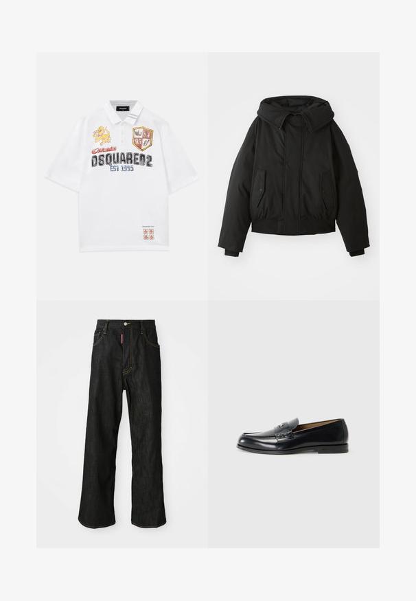 Črna podložena jakna z visokim ovratnikom, zadrgo, dvema stranskima žepoma, elastičnimi manšeti in skrajšanim robom. Gladka, mat tekstura.; Bela polo majica z vezenimi grafičnimi motivi, vključno z letečim levom in ščitom. Kratki rokavi, z gumbom zapeta ovratnik, sproščen kroj.; Črne ravne hlače z rumenim šivom, pet žepov, gumbno zapiranje in majhna rdeča oznaka na sprednjem desnem žepu.; Usnjeni loafers v črni barvi s gladko površino, okroglo konico, dekorativnim šivanjem in majhnim kovinskim dodatkom spredaj.
