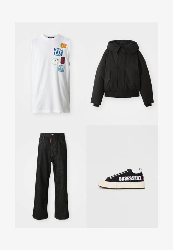 Zwarte gewatteerde jas met een hoge kraag, ritssluiting, dubbele zijzakken, elastische manchetten en een cropped zoom. Gladde, matte textuur.; Witte mouwloze katoenen t-shirt met kleurrijke grafische patches, waaronder palmboomen, bloemen en abstracte ontwerpen in blauw, groen en rood.; Zwarte rechte jeans met gele stiksels, vijf zakken, knoopsluiting en een klein rood etiket op de rechter voorzak.; Zwarte canvas sneakers met witte "OBSESSED2" tekst, crème rubberen zool, platte veters en een achterste lus. Zijkant weergave weergegeven.