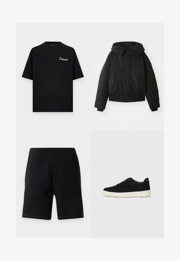 Black padded jacket with a high collar, zip closure, double side pockets, elastic cuffs, and a cropped hem. Smooth, matte texture.; Black cotton t-shirt with a round neckline and short sleeves. Features a white embroidered logo on the left chest. Minimalist design.; Black athletic shorts made of soft material; features an elastic waistband, two side pockets, and contrasting stitching.; Black suede sneaker with lace-up design and contrasting white rubber sole. Features textured side panels and subtle branding on the heel.
