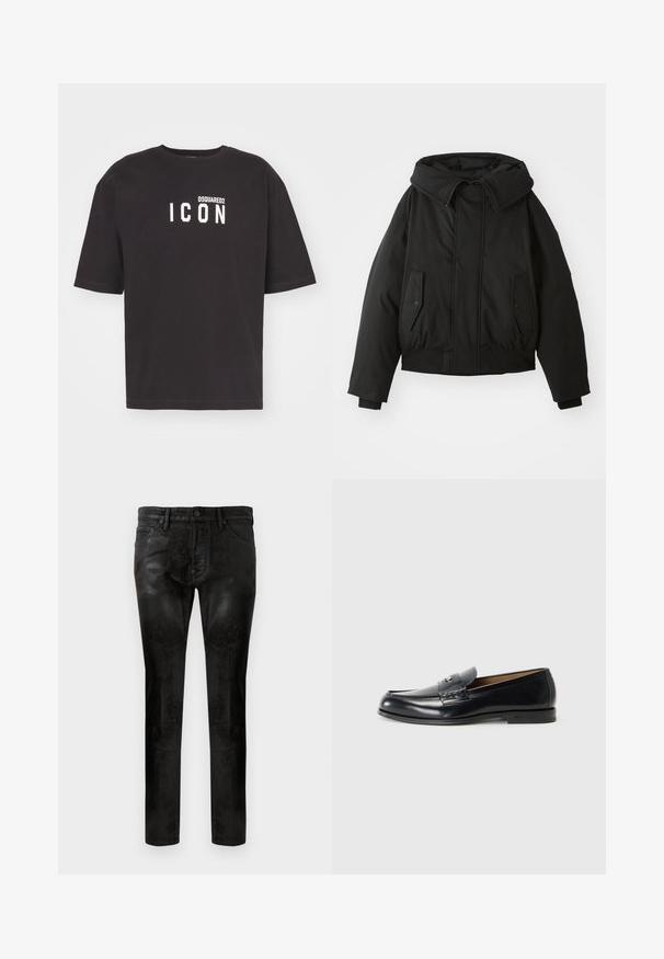 Juoda pūsta striukė su aukštu apykakle, užtrauktuko uždarymu, dviem šoninėmis kišenėmis, elastingais rankogaliais ir trumpu apačia. Lygus, matinės tekstūros.; Juodas trumpas rankovėmis marškinėliai, pagaminti iš medvilnės, su baltu spausdintu "ICON" logotipu ir "DSQUARED2" tekstu priekyje. Klasikinis apvalaus kaklo dizainas.; Juodos lieknos kelnės, pasižyminčios lygiu, blizgiu tekstūru, su priekinėmis kišenėmis, vienu mygtuko užsegimu ir subtiliais siuvinėjimo akcentais.; Juoda odinė loaferių pora su lygaus paviršiaus, apvalia nosimi, dekoratyvine siūle ir maža metaline detale priekyje.