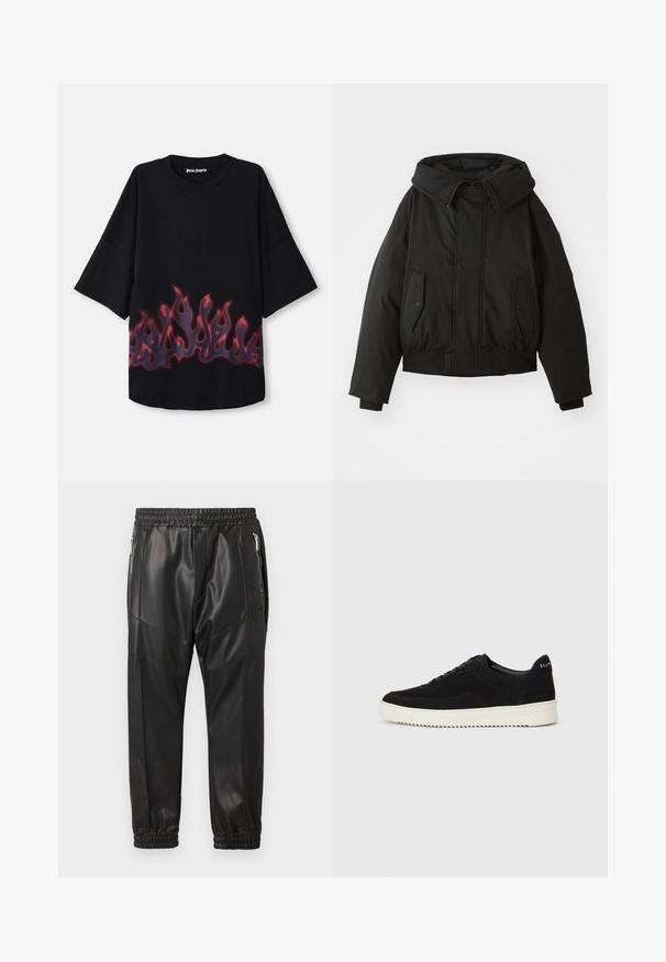 Μαύρο παστωμένο μπουφάν με ψηλό γιακά, κλείσιμο με φερμουάρ, διπλές πλαϊνές τσέπες, ελαστικές μανσέτες και κοντό στρίφωμα. Λείο, ματ υλικό.; Μαύρη κοντομάνικη μπλούζα φτιαγμένη από βαμβάκι, με σχέδιο φλόγας σε κόκκινο και μπλε χρώμα κατά μήκος της κάτω πλευράς; σχέδιο με λαιμόκοψη τύπου crew.; Μαύρα joggers από δερματίνη με ελαστική μέση, πλαϊνές τσέπες με φερμουάρ και στενά τελειώματα στα μπατζάκια. Διαθέτουν ραφές για επιπλέον υφή.; Μαύρο σουέτ αθλητικό παπούτσι με σχέδιο κορδονιών και λευκή λαστιχένια σόλα σε αντίθεση. Διαθέτει υφαντές πλαϊνές πάνελ και διακριτική σήμανση στην φτέρνα.