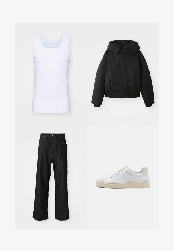 Black padded jacket with a high collar, zip closure, double side pockets, elastic cuffs, and a cropped hem. Smooth, matte texture.; White cotton sleeveless tank top with a round neckline, featuring a smooth texture and a fitting shape, designed for casual wear.; Black straight-leg jeans with yellow stitching, five-pocket design, button closure, and a small red tag on the front right pocket.; White sneaker featuring a smooth leather upper, beige laces, and a textured beige suede heel tab. Elevated sole for added height.