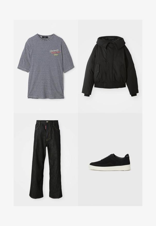 Black padded jacket with a high collar, zip closure, double side pockets, elastic cuffs, and a cropped hem. Smooth, matte texture.; Striped t-shirt with horizontal navy and white stripes, short sleeves, crew neckline, and multicolored embroidered text on the chest.; Black straight-leg jeans with yellow stitching, five-pocket design, button closure, and a small red tag on the front right pocket.; Black suede sneaker with lace-up design and contrasting white rubber sole. Features textured side panels and subtle branding on the heel.