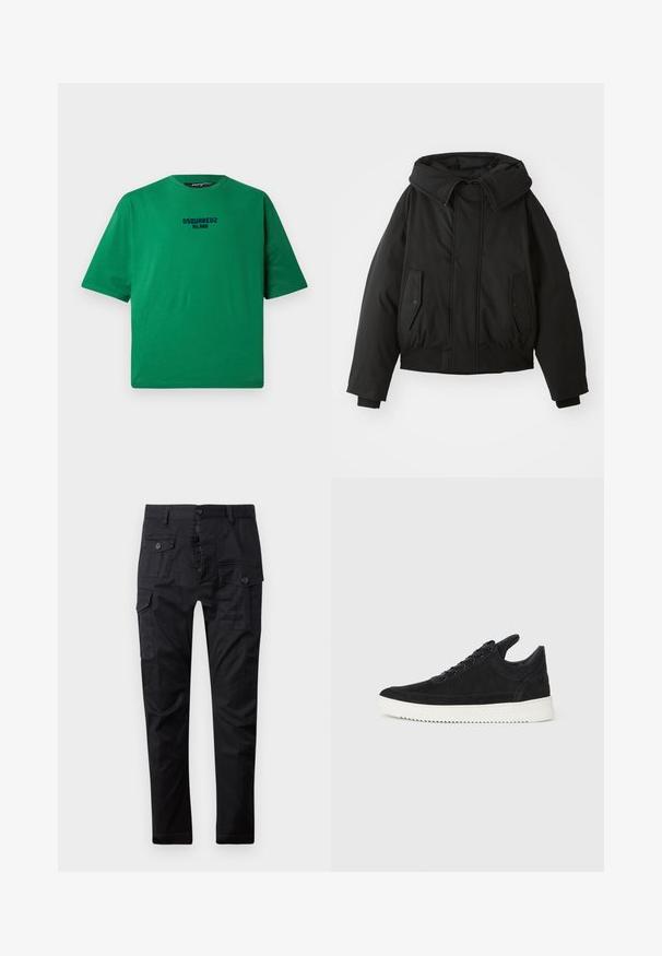 Černá zateplená bunda s vysokým límcem, zipovým zapínáním, dvojicí bočních kapes, elastickými manžetami a zkráceným lemem. Hladká, matná textura.; Zelené tričko z bavlny, s kulatým výstřihem a krátkými rukávy. Černé logo "DSQUARED2 MILANO" umístěné ve středu přední části.; Černé cargo kalhoty vyrobené z odolné tkaniny, s několika kapsami, knoflíkovým zapínáním a rovnými nohavicemi. Hladký povrch a matný vzhled.; Černé semišové tenisky s bílou gumovou podrážkou, s tónovým prošitím a šněrováním. Hladký povrch s moderním, aerodynamickým tvarem.