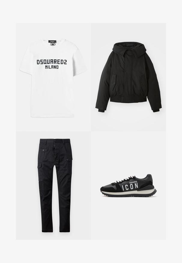 Černá zateplená bunda s vysokým límcem, zipovým zapínáním, dvojicí bočních kapes, elastickými manžetami a zkráceným lemem. Hladká, matná textura.; Dsquared2 COOL FIT TEE - Triko s potiskem - white/dark navy; Černé cargo kalhoty vyrobené z odolné tkaniny, s několika kapsami, knoflíkovým zapínáním a rovnými nohavicemi. Hladký povrch a matný vzhled.; Černé tenisky vyrobené z kůže a semiše, s bílým logem "ICON" a kontrastní černou podrážkou. Šňůrky jsou bílé; design je sportovní.