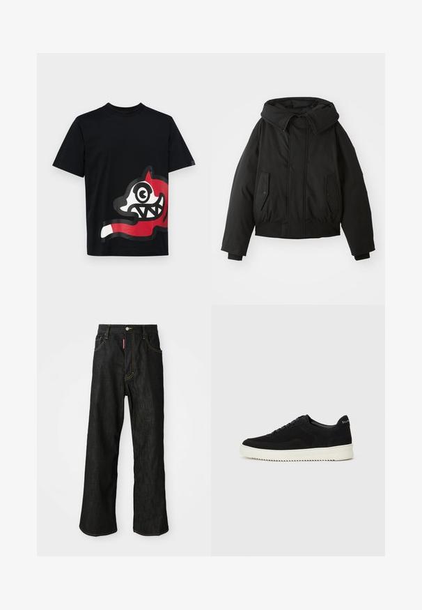 Čierna prešívaná bunda s vysokým golierom, zipsom, dvojitými postrannými vreckami, elastickými manžetami a skráteným lemom. Hladká, matná textúra.; Icecream JUMBO RUNNING DOG - Tričko s potlačou - black; Čierne rovné džínsy so žltým prešívaním, s piatimi vreckami, so zapínaním na gombík a malou červenou nášivkou na prednom pravom vrecku.; Čierne semišové tenisky s šnurovacím dizajnom a kontrastnou bielou gumovou podrážkou. Obsahujú štruktúrované bočné panely a jemné logo na päte.