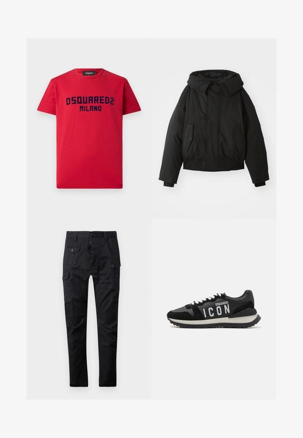 Mustaa toppatakki korkealla kauluksella, vetoketjukiinnitys, kaksinkertaiset sivutaskut, joustavat hihansuut ja lyhennetty helma. Sujuva, matteinen pinta.; Punainen puuvillainen t-paita lyhyillä hihoilla, jossa on tummansininen "DSQUARED2 MILANO" -logo rintamalla. Klassinen pyöreä kaula-aukko.; Mustat farmarit, jotka on valmistettu kestävästä kankaasta. Niissä on useita taskuja, nappisulku ja suora lahkeiden muotoilu. Sileä pinta ja matta viimeistely.; Mustat nahka- ja mokkakengät, joissa on valkoinen "ICON"-logo ja kontrastivärinen musta pohja. Nauhat ovat valkoiset; design on urheilullinen.