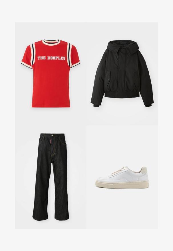 Crna podstavljena jakna s visokim ovratnikom, patentnim zatvaračem, dvostrukim bočnim džepovima, elastičnim manžetama i skraćenim rubom. Glatka, mat tekstura.; Crvena pamučna majica s rebrastim okruglim izrezom, bijelim i mornarsko plavim prugastim detaljima na ramenima, te natpisom „THE KOOPLES“ ispisanim u debele bijele slova.; Crne traperice ravnog kroja s žutim šavovima, dizajn s pet džepova, zatvaranje na gumb te mala crvena oznaka na prednjem desnom džepu.; Bijela tenisica s glatkom kožnom gornjom, bež vezicama i strukturiranom bež nubuk petom. Povišeni potplat za dodatnu visinu.
