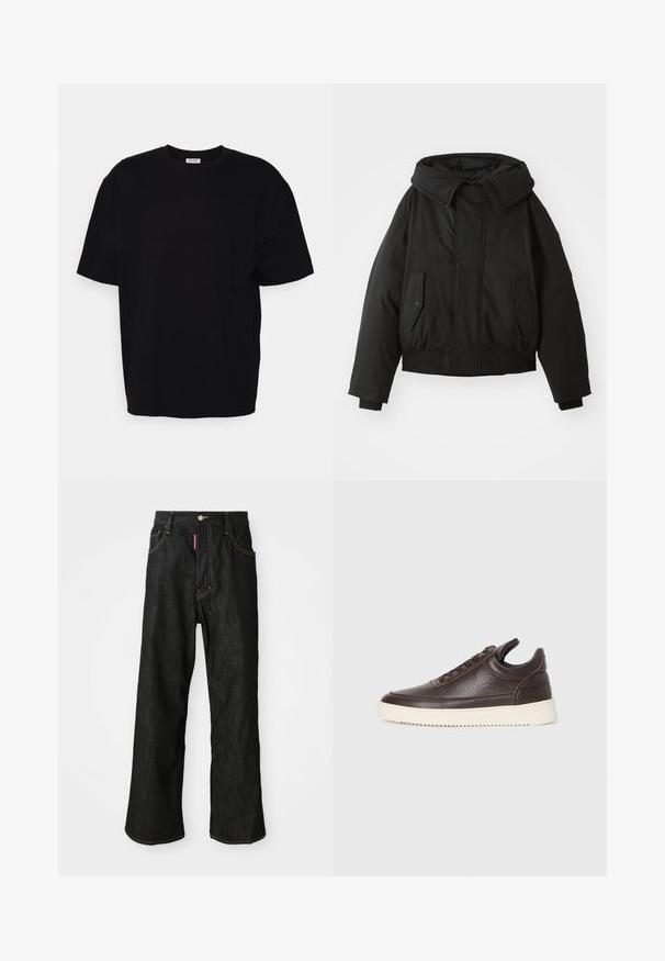 Black padded jacket with a high collar, zip closure, double side pockets, elastic cuffs, and a cropped hem. Smooth, matte texture.; Black cotton t-shirt with short sleeves, round neckline, relaxed fit, and no visible patterns or detailing. Smooth texture.; Black straight-leg jeans with yellow stitching, five-pocket design, button closure, and a small red tag on the front right pocket.; Dark brown textured leather sneaker with lace-up front and white ridged rubber sole on a plain light background.