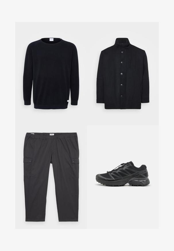 Črn plašč iz volnene mešanice, z visokim ovratnikom, sprednjim zapiranjem na gumbe, stranskimi žepi in ravnim krojem s gladko teksturo.; Črn pleten pulover z okroglim izrezom in dolgimi raglan rokavi. Ima rebraste manšete in spodnji rob, teksturirano tkanino ter majhno oznako na robu.; Črne cargo hlače z elastičnim pasom, stranskimi žepi in zaponkami. Narejene iz lahkega, gladkega materiala.; Črne tekaške čevlje z mrežasto in sintetično zgornjimi deli, prilagodljivim podplatom ter elastičnimi vezalkami. Imajo oblazinjen srednji podplat za udobje.