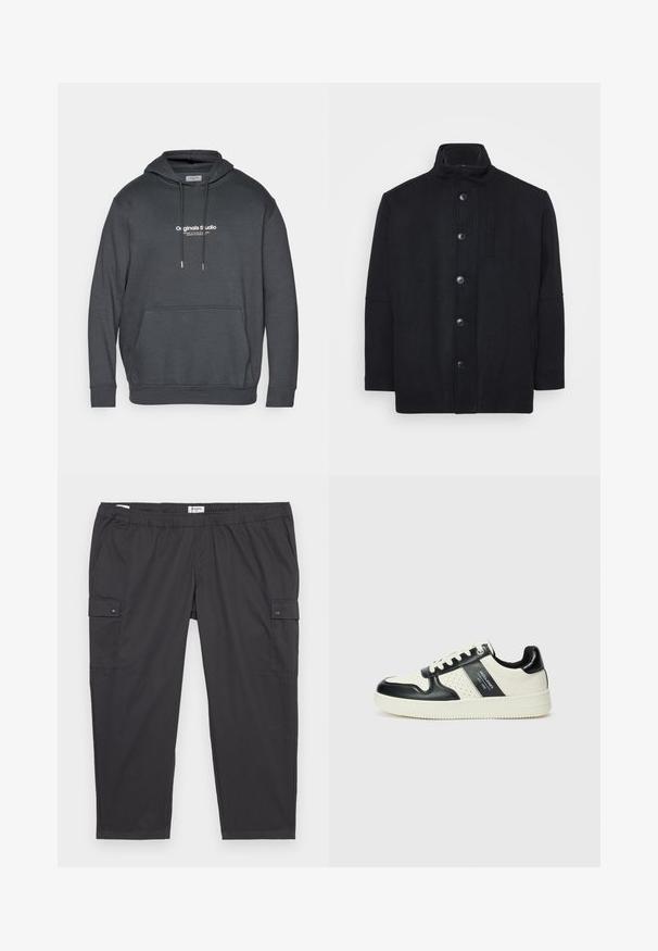 Manteau noir en mélange de laine, avec un col montant, fermeture à boutons sur le devant, poches latérales et une coupe droite avec une texture lisse.; Hoodie gris foncé en tissu doux. Doté d'une capuche à cordon de serrage, d'une poche kangourou à l'avant et d'un logo en texte blanc sur la poitrine.; Pantalons cargo noirs avec une taille élastique, des poches latérales et des accents de boutons-pression. Fabriqués en tissu léger et lisse.; Baskets en cuir avec un schéma de couleurs noir et crème, dotées d'accents perforés, d'un col rembourré et d'une semelle texturée.