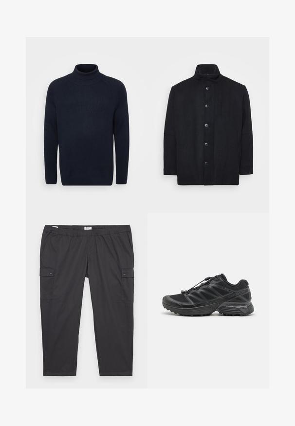 Cappotto nero realizzato in misto lana, con colletto alto, chiusura frontale con bottoni, tasche laterali e una vestibilità dritta con una texture liscia.; Jack & Jones JJPANNEL ROLL NECK - Maglione - navy; Pantaloni cargo neri con vita elasticizzata, tasche laterali e dettagli con bottoni a pressione. Realizzati in tessuto leggero e liscio.; Scarpa da corsa nera con tomaia in mesh e sintetico, suola flessibile e lacci elastici. Presenta una soletta imbottita per il comfort.