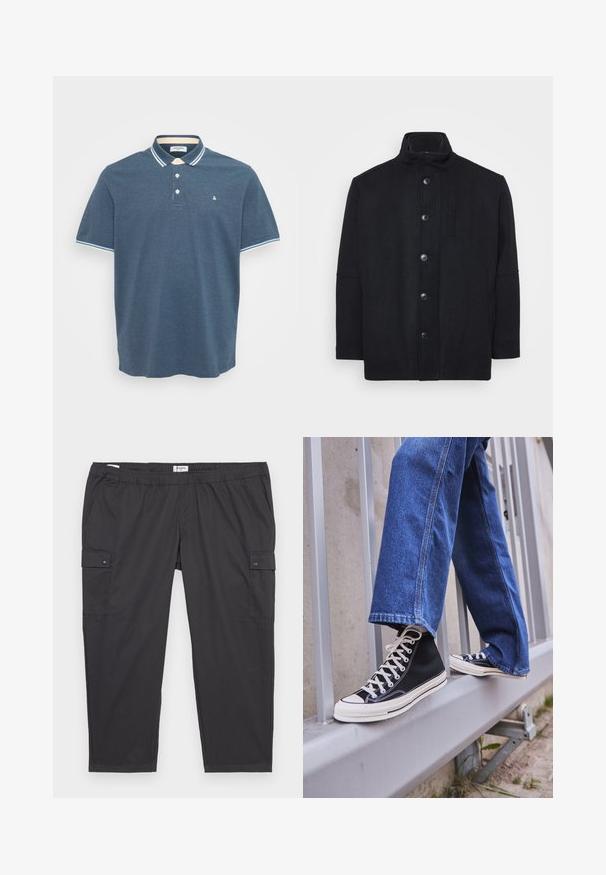 Juodas vilnos mišinio paltas, su aukštu apykakle, priekyje užtraukiamas mygtukais, šoninėmis kišenėmis ir tiesiu siluetu su lygia tekstūra.; Vyriška mėlyna polo marškinėliai trumpomis rankovėmis su baltais ir šviesiai mėlynais ruoželiais apykaklėje ir rankovių kraštuose, trimis priekiniais mygtukais ir maža logo ant krūtinės.; Juodos cargo kelnės su elastine juosta, šoninėmis kišenėmis ir mygtukų akcentais. Pagaminta iš lengvos, glotnios medžiagos.; Juodi aukšti sportiniai bateliai su baltu padu ir raišteliais, derinami su laisvai krentančiais mėlynais džinsais, atremti į pilką turėklą.
