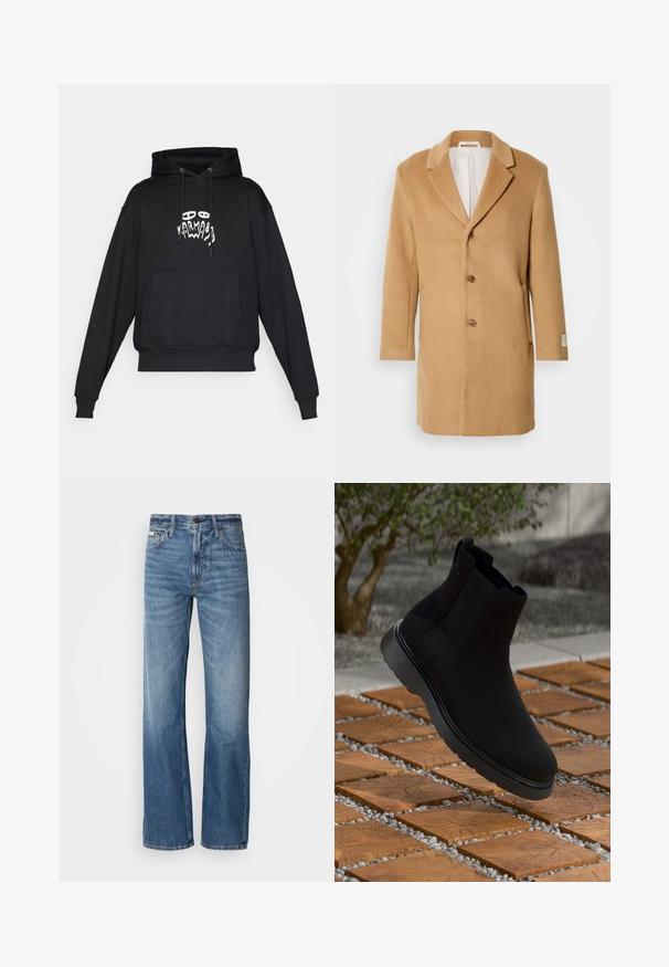 Tan wool coat with a notched lapel, single-breasted front, three buttons, and side pockets. Smooth texture and mid-length design.; Black hoodie with front pouch pocket, drawstring hood, and white abstract face and hand graphic centered on the chest.; Blue denim jeans with a straight-leg cut, high waist, and subtle fading. Includes a button and zipper closure, and classic five-pocket design.; Black ankle boot made of smooth material with subtle stitching, a rubber sole, and a sleek design, positioned above a wooden-textured surface.