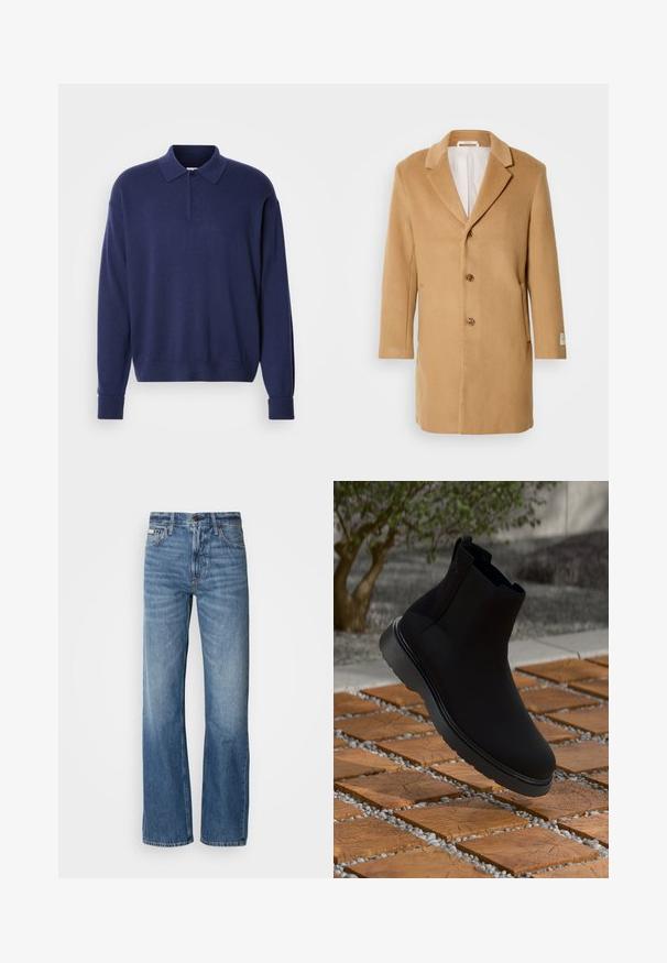 Hnědý vlněný kabát s klopovým límcem, jednoduše zapínací vpředu, třemi knoflíky a postranními kapsami. Hladká textura a středně dlouhý střih.; Námořnická modrá svetr s límcem, dlouhými rukávy a žebrovanými manžetami. Měkký materiál s volným střihem a zapínáním na tři knoflíky.; Modré džíny z denimu s rovnou nohavicí, vysokým pasem a jemným vyblednutím. Obsahují zapínání na knoflík a zip, a klasický pětikapsový design.; Černé kotníkové boty vyrobené z hladkého materiálu s jemným prošíváním, gumovou podrážkou a elegantním designem, umístěné na povrchu s dřevěnou texturou.