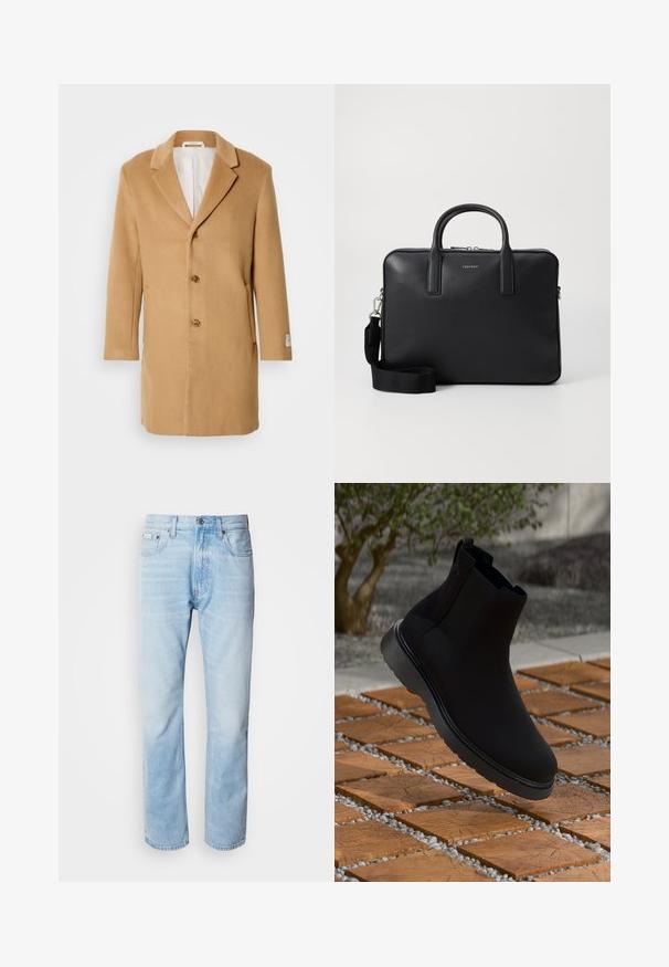 Peščena volnena bunda z izrezanim ovratnikom, enojnim zapenjanjem, tremi gumbi in stranskimi žepi. Gladka tekstura in oblačilo srednje dolžine.; Modra moška srajca z dolgimi rokavi iz denima, z ovratnikom na gumb, žepom na prsih in kontrastnim šivanjem. Tkanina ima gladko teksturo in sproščen stil.; Svijetloplave traperice s ravnim nogavicama, s izblijedjelim dijelovima, pet džepova i klasičnim dugmadi za kopčanje.; Črne gležnjarje iz gladkega materiala z diskretnim šivom, gumijastim podplatom in eleganten oblikovanjem, postavljene nad površino z lesno teksturo.; Črna usnjena torba za delo z teksturiranim zaključkom, dvojni ročaji, snemljiva ramenska naramnica in sprednja podrobnost z logotipom. Zapenjanje na zadrgo.