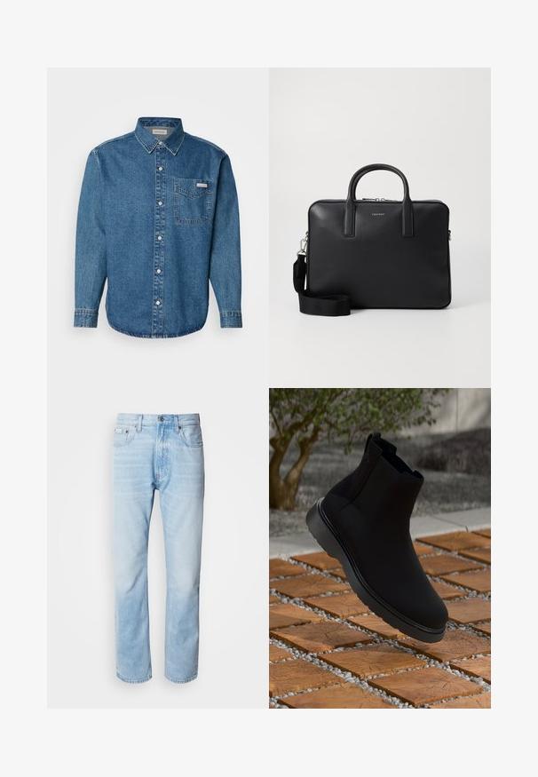 Cappotto di lana beige con rever a doppio taglio, chiusura a un solo bottone, tre bottoni e tasche laterali. Tessuto liscio e design di lunghezza media.; Camicia in denim blu a maniche lunghe con colletto button-down, taschino sul petto e cuciture a contrasto. La texture del tessuto è liscia e dal design casual.; Jeans in denim blu chiaro con taglio dritto, caratterizzati da sezioni sbiadite, design a cinque tasche e iconico bottone di chiusura.; Stivale alla caviglia nero realizzato in materiale liscio con cuciture sottili, una suola in gomma e un design elegante, posizionato sopra una superficie dalla texture legnosa.; Valigetta in pelle nera con finitura texture, maniglie doppie, tracolla removibile e dettaglio logo frontale. Chiusura a zip.