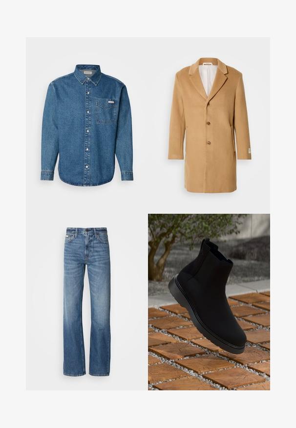 Hnědý vlněný kabát s klopovým límcem, jednoduše zapínací vpředu, třemi knoflíky a postranními kapsami. Hladká textura a středně dlouhý střih.; Modrá denimová košile s dlouhým rukávem, s límečkem na knoflíky, náprsní kapsou a kontrastním prošitím. Textura látky je hladká a má volnočasový styl.; Modré džíny z denimu s rovnou nohavicí, vysokým pasem a jemným vyblednutím. Obsahují zapínání na knoflík a zip, a klasický pětikapsový design.; Černé kotníkové boty vyrobené z hladkého materiálu s jemným prošíváním, gumovou podrážkou a elegantním designem, umístěné na povrchu s dřevěnou texturou.