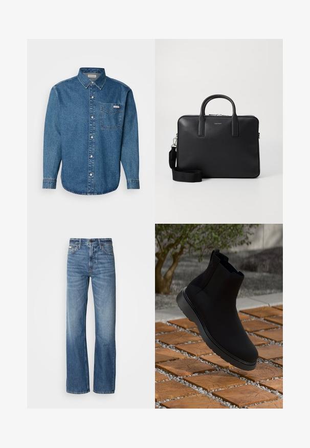 Barna gyapjú kabát, kivágott gallérral, egygombos elülső résszel, három gombbal és oldalsó zsebekkel. Simább textúrájú, közepes hosszúságú kialakítás.; Kék farmer hosszú ujjú ing gombos gallérral, mellzsebbel és kontrasztos varrással. Az anyag textúrája sima, laza stílussal.; Kék farmernadrág egyenes szabással, magas derékkal és enyhe fakózással. Gombos és cipzáras záródással, valamint klasszikus öt zsebes kialakítással rendelkezik.; Fekete bokacsizma sima anyagból, diszkrét varrásokkal, gumi talppal és letisztult dizájnnal, egy fa hatású felület felett elhelyezve.; Fekete bőr aktatáska strukturált felülettel, kettős fogantyúval, levehető vállpánttal és elülső logóval. Cipzáras záródás.