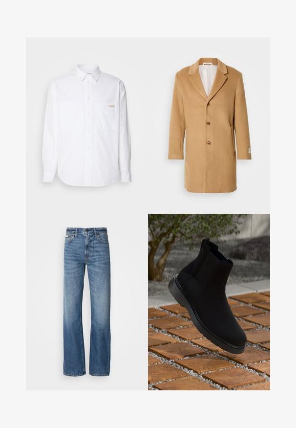 Smėlio spalvos vilnonis paltas su notch tipo atlapais, vieno mygtuko priekyje, trimis mygtukais ir šoninėmis kišenėmis. Lygus paviršius ir vidutinio ilgio dizainas.; Balta ilga rankovė marškiniai su mygtukais, pagaminti iš medvilnės. Žymi du krūtinės kišenės, išlenktas hem ir mažas auksinis logotipas kairėje kišenėje.; Mėlyni džinsai su tiesiomis kojomis, aukštu liemeniu ir subtiliu nudilimu. Su mygtuko ir užtrauktuko uždarymu, tradiciniu penkių kišenių dizainu.; Juodos kulkšnės botai, pagaminti iš lygaus medžiagos, su subtiliu siuvimu, guminėmis padangomis ir elegantišku dizainu, padėti ant medžio tekstūros paviršiaus.