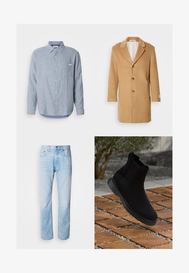 Abrigo de lana color beige con solapas con muesca, cierre de un solo botón, tres botones y bolsillos laterales. Textura suave y diseño de longitud media.; Camisa de botones rayada de color azul claro, tejido de algodón, mangas largas, cuello puntiagudo, un bolsillo en el pecho y detalle de etiqueta con logo.; Vaqueros de mezclilla azul claro con corte recto, con secciones desgastadas, diseño de cinco bolsillos y cierre de botones clásico.; Botín negro de tobillo, hecho de material suave con costuras sutiles, suela de goma y un diseño elegante, posicionado sobre una superficie con textura de madera.