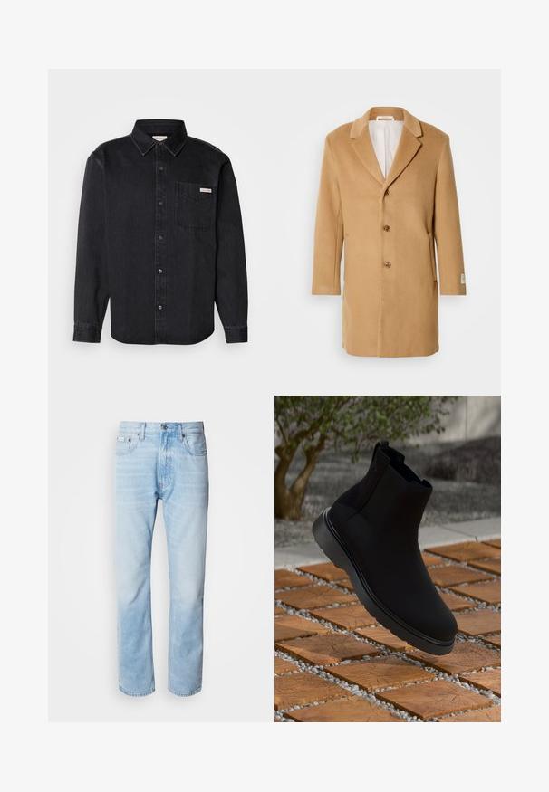 Vaalea villa takki, jossa on leikattu kaulus, yksirivinen etuosa, kolme nappia ja sivutaskut. Pehmeä rakenne ja keskikokoinen malli.; Musta farkkutakki, jossa on terävä kaulus, pitkät hihat, yksi rintatasku ja pieni brändilogo taskussa.; Vaaleansiniset farkut suoranlahkeisella leikkauksella, joissa on haalistuneita kohtia, viisi taskua ja klassinen nappisuljenta.; Musta nilkkuri, joka on valmistettu sileästä materiaalista, hienovaraista tikkausta, kumipohjaa ja tyylikästä muotoilua, sijoitettuna puuparvisen pinnan päälle.