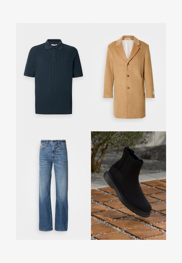 Kreemjas villane jakk, millel on lõigatud krae, ühe nööbiga esiosa, kolm nööpi ja küljetaskud. Sile tekstuur ja keskpikk disain.; Tumesinise lühikeste varrukatega polo-särk soonilise tekstuuriga, millel on kraega kaelus ja kolmekuulise nööbistikuga eest.; Sinine teksapüksid, sirge jala lõiguga, kõrge talje ja kerge fade-efektiga. Sisaldavad nupuvärvi ja tõmbluku sulgemist ning klassikalist viit taskut.; Mustad mustankott, mis on valmistatud siledast materjalist, peente õmblustega, kummitald ja stiilne disain, asetatud puidustruktuuriga pinna kohale.