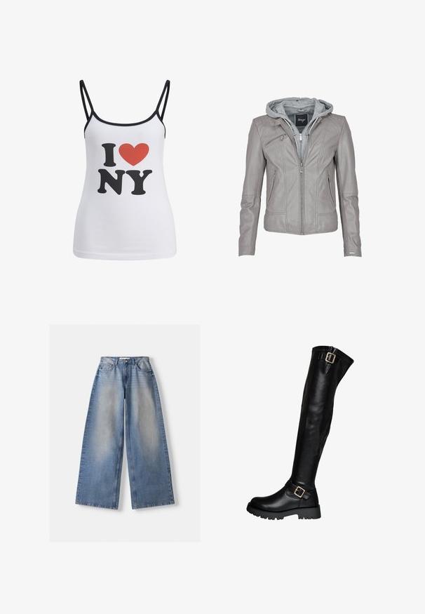 Grå läderjacka med dragkedja framtill och huva. Har vertikal sömnad, två sidfickor och en mjuk, texturerad yta.; Vit linne med tunna svarta band som har en stor svart "I" och "NY" text, samt en röd hjärta grafik mellan dem.; Breda blå denimjeans med hög midja och blekta detaljer, liggande plant på vit bakgrund.; Svart knähög läderstövel med kraftig sula och två guldfärgad spännen, ett vid vristern och ett högst upp.
