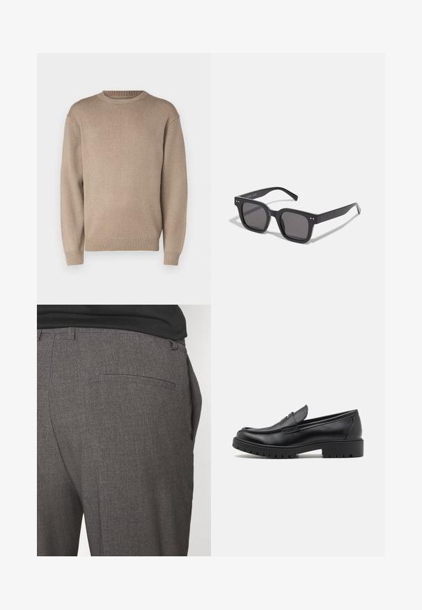 Schwarzer oversized Mantel mit Reverskragen, zwei Knöpfen und Dreiviertelärmeln; aus strukturiertem Stoff mit glatter Innenauskleidung.; Beige gestrickter Pullover mit Rundhalsausschnitt, langen Ärmeln und gerippten Bündchen und Saum; glatte Textur mit einheitlichem Muster.; Graue maßgeschneiderte Hose mit glatter Textur, ausgestattet mit einer einzigen hinteren Tasche und einem schlanken Schnitt. Der Stoff hat ein dezentes Muster.; Schwarze Lederloafers mit runder Zehenform, eleganter Schlupfdesign und dicker Gummisohle mit strukturiertem Griff. Erhöhter Absatz und dezente Nähdetails.; Schwarze rechteckige Sonnenbrillen mit dunklen Gläsern, die einen dicken Rahmen, subtile Akzente an den Seiten und keine sichtbaren Logos außer dem Markennamen aufweisen.; Leichte beiger Canvas-Umhängetasche mit zwei robusten Griffen, kontrastierendem weißen Besatz und dem Logo "THE NORTH FACE" in Schwarz an der Vorderseite.