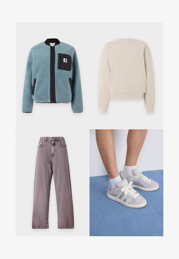 Jachetă din fleece albastru cu o suprafață texturată, buzunare cu fermoar negre, guler în picioare și fermoar frontal. Dispune de o inscripție logo pe buzunarul de la piept.; Sweatshirt bej, cu guler rotund, realizat dintr-un amestec de bumbac, cu un guler și manșete ribbate, având un logo mic pe piept.; Jeans cu talie înaltă și croială largă din denim de un purpuriu deschis, cu închidere cu nasture, cinci buzunare și decolorări subtile pe cusături.; Adidași din suede gri cu șireturi albe și talpă din cauciuc, având trei dungi diagonale pe lateral și un patch cu logo pe limbă.