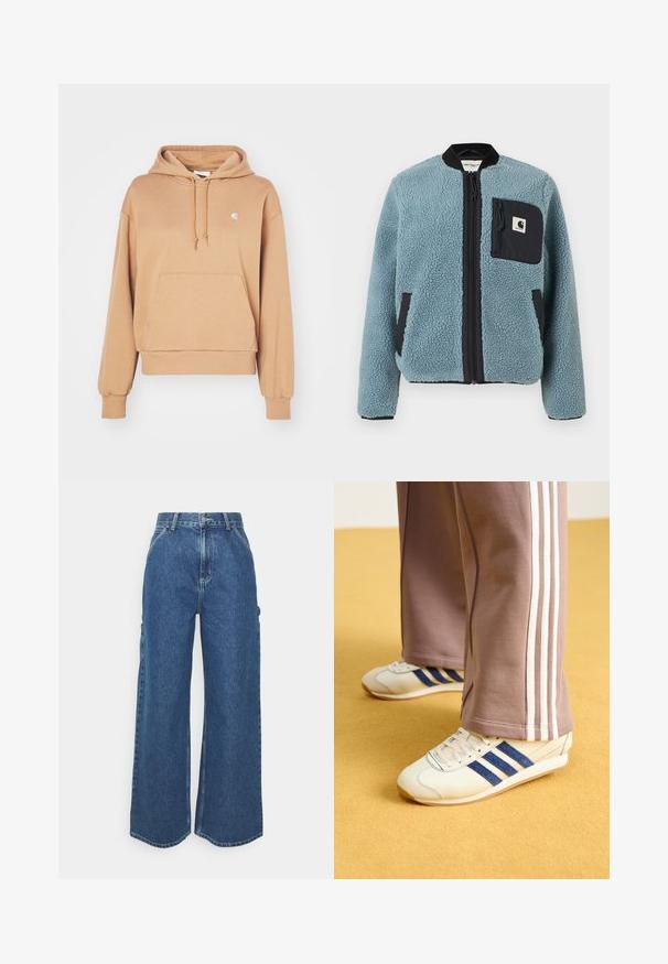 Plava flis jakna s teksturiranom površinom, crnim zatvaračima na džepovima, uspravnim ovratnikom i prednjim zatvaračem. Ima logotip na džepu na prsima.; Carhartt WIP HOODED CASEY - Majica s kapuljačom - peanut/silver; Široke plave traperice s visokim strukom, kontrastnim šavovima i bočnim džepovima, s klasičnim dizajnom s pet džepova i sirovim rubovima.; Kremasti tenisice s plavim suedenim prugama, bijelim vezicama i gumenim potplatom. Upareni s sivim trenirkama koje imaju bijele bočne pruge.