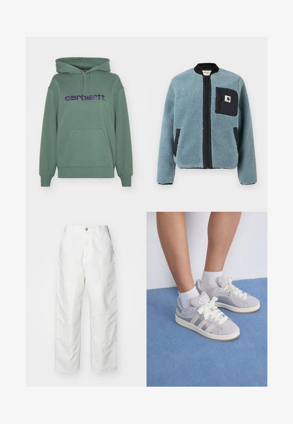 Modrá fleecová bunda s texturovaným povrchem, černými zipovými kapsami, stojatým límcem a předním zipem. Obsahuje nášivku loga na kapsičce na hrudi.; Zelená mikina s kapucí vyrobená z měkké tkaniny má přední kapsu a velké purpurové vyšívané logo "carhartt." na hrudi.; Bílé cargo kalhoty vyrobené z denimu, s volným střihem, bočními kapsami a viditelnými švy. Hladký přední díl s knoflíkovým zapínáním.; Šedé semišové tenisky s bílými tkaničkami a gumovou podrážkou, s třemi šikmými pruhy po straně a logem na jazyku.