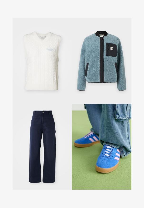 Sininen fleece-takki, jossa on teksturoitu pinta, mustat vetoketjulliset taskut, pystykalad ja etuvetoketju. Rinnataskussa logo-patch.; Valkoinen hihaton villapaita, jossa on V-pääntie ja palmikkoneulekuvio. Edessä vaaleansinisellä kirjailtua brändäystä. Kutuinen neulottu kangas.; Laivastonsininen, leveälahkeinen cargo-housu, jossa on kestävä puuvillakangas, sivutaskut ja nappikiinnitys vyötäröllä.; Siniset mokkakengät, joissa on vaaleanpunaiset raidat ja valkoiset nauhat, kumipohjalla, yhdistettyinä löysiin denimgyneihin vihreällä pinnalla.