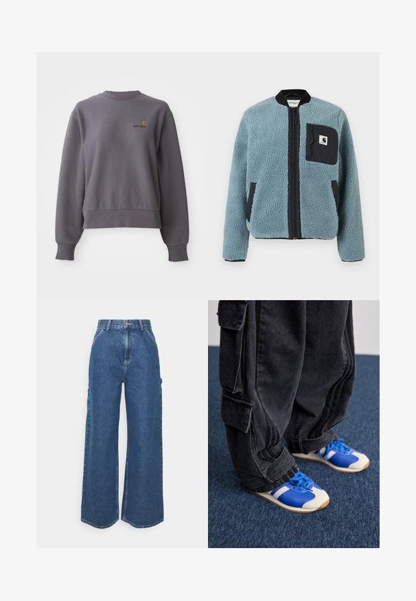 Blue fleece jacket with a textured surface, black zip pockets, standing collar, and front zipper. Features logo patch on chest pocket.; Grey sweatshirt made of cotton blend fabric. Features a round neckline, ribbed cuffs, and a small embroidered logo on the chest.; Wide-leg blue denim trousers with a high waist, contrasting stitching, and side pockets, featuring a classic five-pocket design and raw hems.; Person wearing loose black cargo pants and blue and white sneakers standing on dark blue carpet.