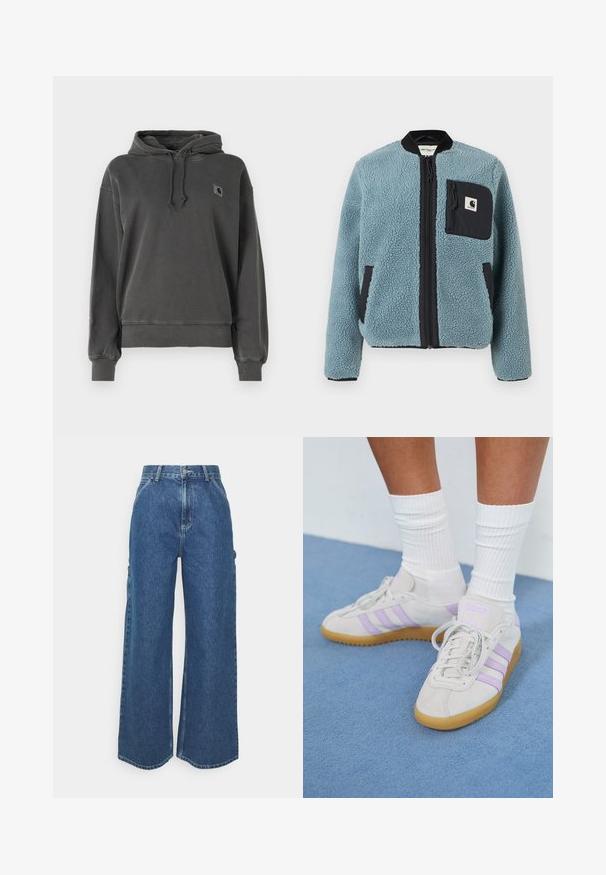 Blaue Fleecejacke mit strukturierter Oberfläche, schwarzen Reißverschlusstaschen, Stehkragen und Frontreißverschluss. Mit Logo-Patch auf der Brusttasche.; Carhartt WIP HOODED NELSON - Sweatshirt - graphite; Weite blaue Denim-Hosen mit hoher Taille, kontrastierenden Nähten und Seitentaschen, ausgestattet mit einem klassischen Five-Pocket-Design und rohen Säumen.; Helle graue Wildledersneaker mit drei lila Streifen, Gummisohle, flachen Schnürsenkeln und weißen gerippten Socken. Vor einem blauen Hintergrund.