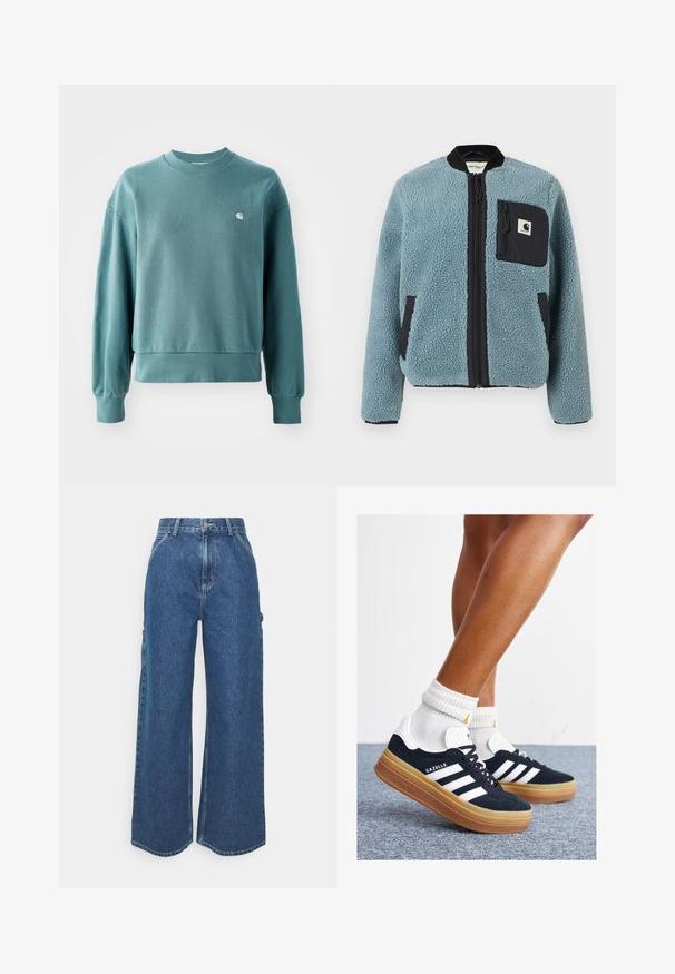 Zils flīsa jaka ar teksturētu virsmu, melnām rāvējslēdzēju kabatām, stāvošu apkakli un priekšējo rāvējslēdzēju. Iekļauj logotipa uzlādes kabatā uz krūtīm.; Tīkkas laikapstākļu krekls krāsā teal, ar ribota auduma piedurknēm un apakšmalu, brīvu piegriezumu un nelielu baltu logotipu kreisajā krūšu daļā. Mīksts kokvilnas materiāls.; Platleņķa zili džinsi ar augstu jostasvietu, kontrastējošām šuvēm un sānu kabatām, ar klasisku piecu kabatu dizainu un neapstrādātiem malām.; Melnas zamšādas sporta kurpes ar baltām svītrām un akcentiem, apaļa purngala daļa, gumijas zole, kopā ar baltām ribotām sporta zeķēm.