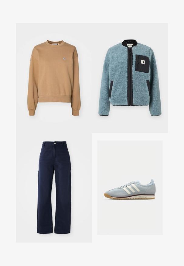 Blaue Fleecejacke mit strukturierter Oberfläche, schwarzen Reißverschlusstaschen, Stehkragen und Frontreißverschluss. Mit Logo-Patch auf der Brusttasche.; Carhartt WIP CASEY - Sweatshirt - peanut/silver; Marineblaue, weite Cargo-Hosen aus robustem Baumwollstoff, mit Seitentaschen und einem Knopfverschluss an der Taille.; Hellblaue Wildledersneaker mit weißen drei Streifen, Gummisohle und strukturiertem Mesh. Verfügt über eine glatte Zehenkappe und Branding an der Ferse.