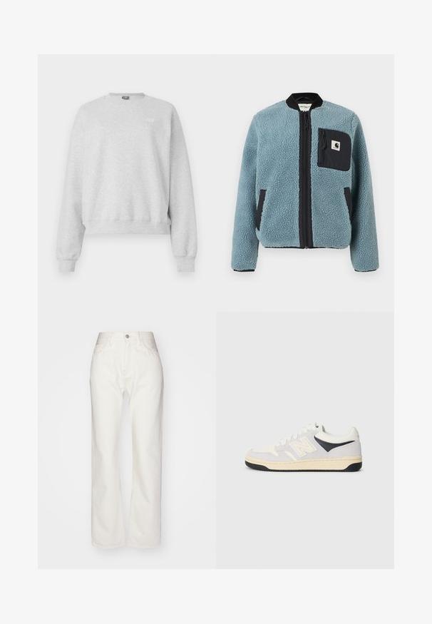 Chaqueta de forro polar azul con una superficie texturizada, bolsillos con cremallera negros, cuello alto y cremallera frontal. Presenta un parche con el logo en el bolsillo del pecho.; Sudadera gris en suave mezcla de algodón, con cuello redondo, mangas largas y dobladillo acanalado. Detalle de logo pequeño en el frente.; Pantalones de mezclilla blanca con una alta cintura y un ajuste de pierna ancha. Presenta un cierre de botón y cremallera, presillas para cinturón y detalles de costura sutil.; Zapatilla deportiva en blanco, gris y negro. Presenta materiales de ante y textil, puntera perforada y logo en el lado. Suela de goma.