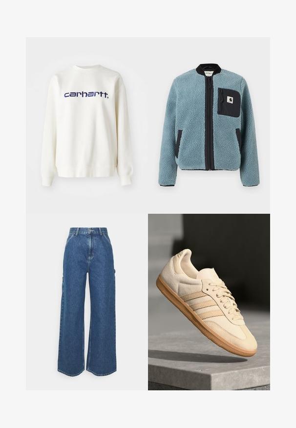 Casaco polar azul com superfície texturizada, bolsos com fecho preto, colarinho alto e fecho frontal. Apresenta um emblema no bolso do peito.; Sweatshirt branco de algodão com mangas longas e punhos canelados, apresentando o logótipo "carhartt" em azul-marinho na zona do peito.; Calças de ganga azuis de perna larga com cintura alta, costuras em contraste e bolsos laterais, apresentando um design clássico de cinco bolsos e bainhas desfiadas.; Sapatilha de camurça bege clara com sola de borracha, três riscas diagonais e uma biqueira texturizada. Apresenta o logótipo na língua e na lateral.
