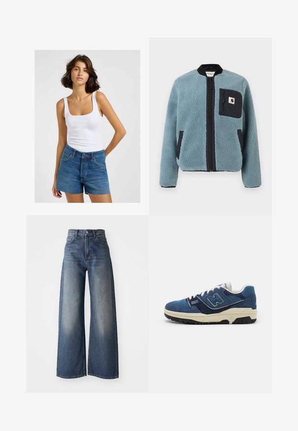 Blå fleecejakke med en tekstureret overflade, sorte lynlås lommer, opretstående krave og front lynlås. Har logo-patch på brystlommen.; Hvid ribbet tanktop med firkantet udskæring, parret med højtaljede blå denimshorts med frynset kant og traditionelt fem-lommet design.; Blå højtaljede vide bukser med frontknap og lommer, falmet tekstur på lårerne og lige kant.; Blå ruskinds sneakers med kontrasterende marineblå paneler, hvide snørebånd og en tekstureret sort gummisål. Modellnummer "550" vist på siden.