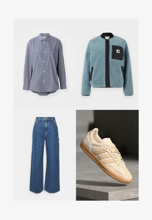 Blauwe fleecejack met een gestructureerd oppervlak, zwarte ritszakken, staande kraag en voorrits. Bevat een logo-opdruk op de borstzak.; Marineblauw en witte gestreepte langslavenshirt met een klassieke kraag, een borstzak en knoopsluiting. Zachte stof met een gladde textuur.; Brede blauwe denim broeken met een hoge taille, contrasterende stiksels en zijzakken, uitgerust met een klassieke vijf-pocket stijl en ongewerkte naden.; Lichtbeige suède sneaker met een gumrubberen buitenzool, drie diagonale strepen en een textuur op de neus. Voorzien van een logo op de tong en de zijkant.