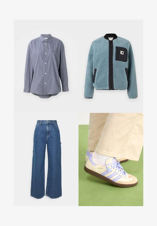 Blaue Fleecejacke mit strukturierter Oberfläche, schwarzen Reißverschlusstaschen, Stehkragen und Frontreißverschluss. Mit Logo-Patch auf der Brusttasche.; Langärmliges Hemd in Marineblau und Weiß mit klassischen Kragen, Brusttasche und Knopfverschluss. Weicher Stoff mit glatter Textur.; Weite blaue Denim-Hosen mit hoher Taille, kontrastierenden Nähten und Seitentaschen, ausgestattet mit einem klassischen Five-Pocket-Design und rohen Säumen.; Cremefarbene und lavendelfarbene Sneakers mit drei Streifen und einer strukturierten braunen Sohle, ausgestattet mit Schnürsenkeln und einer gepolsterten Ferse. Obermaterial aus weichem Stoff.