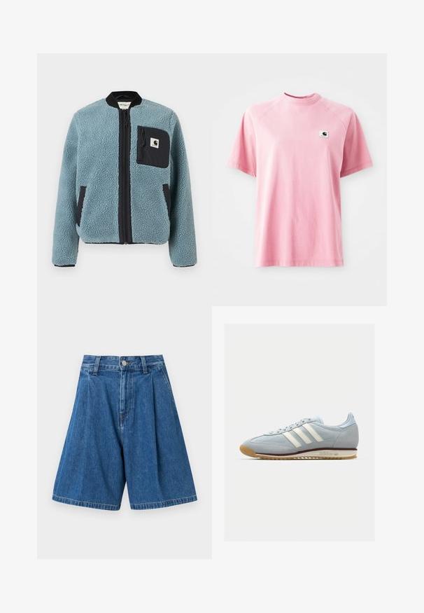 Kék bolyhos dzseki struktúrált felülettel, fekete cipzáros zsebekkel, álló gallérral és elülső cipzárral. A mellzseben logós folt található.; Rózsaszín pamut póló kerek nyakkivágással és rövid ujjal. A bal mellrészen egy kis négyzet alakú logófolt található. Sima textúra.; Kék farmer bermuda sort redőzött elejével, standard derékkal és gombos záródással. Sima textúra és egyenes szabású lábak.; Világoskék velúr sneaker fehér három csíkkal, gumitalppal és texturált hálós anyaggal. Jellemzője a sima orr-rész és a logó a saroknál.