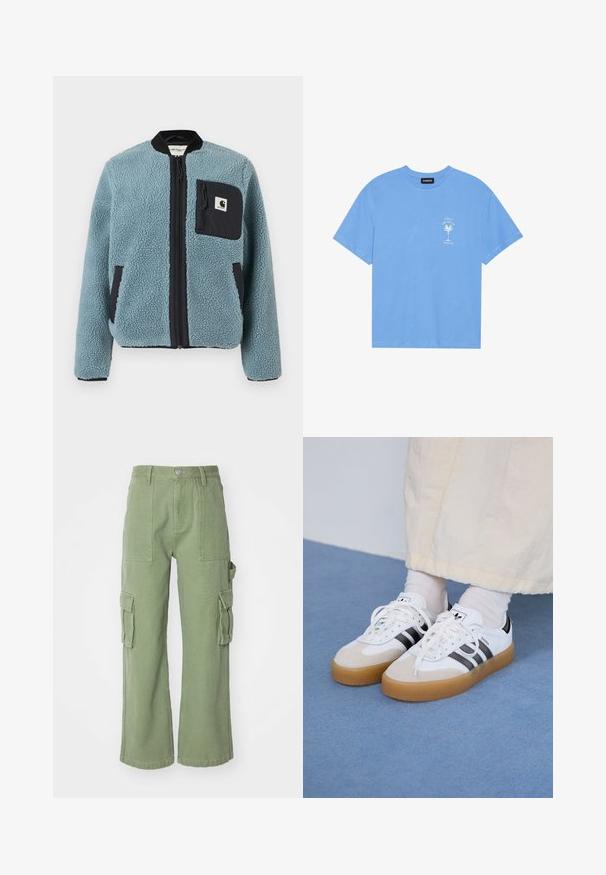 Plava flis jakna s teksturiranom površinom, crnim zatvaračima na džepovima, uspravnim ovratnikom i prednjim zatvaračem. Ima logotip na džepu na prsima.; Svijetloplavi pamučni majica s okruglim izrezom. Sadrži bijelu grafiku palme i tekst na lijevoj strani prsa. Kratki rukavi.; Zelene pamučne cargo hlače s širokim nogavicama, s dva velika bočna džepa i kopčanjem na dugme u struku. Teksturirana tkanina.; Bjele tenisice s crnim prugama i bež suknjom. Imaju teksturiranu gumu potplat i ravne bijele vezice, nošene uz svijetle čarape.