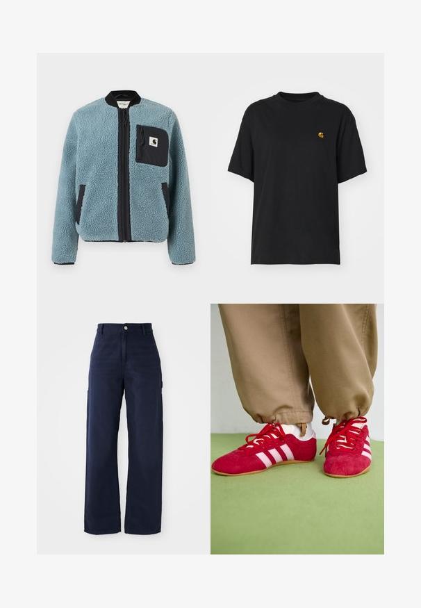 Niebieska polarowa kurtka o teksturowej powierzchni, czarne kieszenie na zamek, stojący kołnierz i zamek błyskawiczny z przodu. Posiada naszywkę z logo na kieszeni na piersi.; Czarna bawełniana koszulka z luźnym krojem. Posiada okrągły dekolt oraz krótkie rękawy. Zawiera małe złote haftowane logo na piersi.; Granatowe szerokie spodnie cargo z mocnej bawełnianej tkaniny, z kieszeniami po bokach i zapięciem na guzik w pasie.; Czerwone zamszowe buty sportowe z białymi paskami, płaską gumową podeszwą i czerwonymi sznurowadłami. Nosi się je z beżowymi spodniami, umiejscowione na zielonej powierzchni.