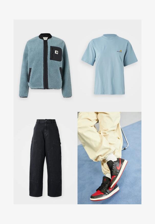 Mėlyna fliso striukė su tekstūruota paviršiumi, juodomis užtrauktukų kišenėmis, stovinčiu apykakle ir priekiniais užtrauktukais. Ant krūtinės kišenės yra logotipo pleistras.; Mėlynos spalvos trumpomis rankovėmis medvilninis marškinėliai su apvaliu kaklu ir mažuoju geltonu bei raudonu Carhartt logotipu kairiajame krūtinės šone.; Juodų džinsų plačios kojos cargo kelnės su aukštu liemeniu, dviem didelėmis priekinėmis kišenėmis ir užsegimu mygtuku liemenyje. Lygi tekstūra, kasdieniškas dizainas.; Juodos ir raudonos odinės sportinės bateliai su balta padanga, ant kurių matomas išryškintas raudonas swoosh simbolis ir Jordan logo, derinami su kreminės spalvos kelnėmis.